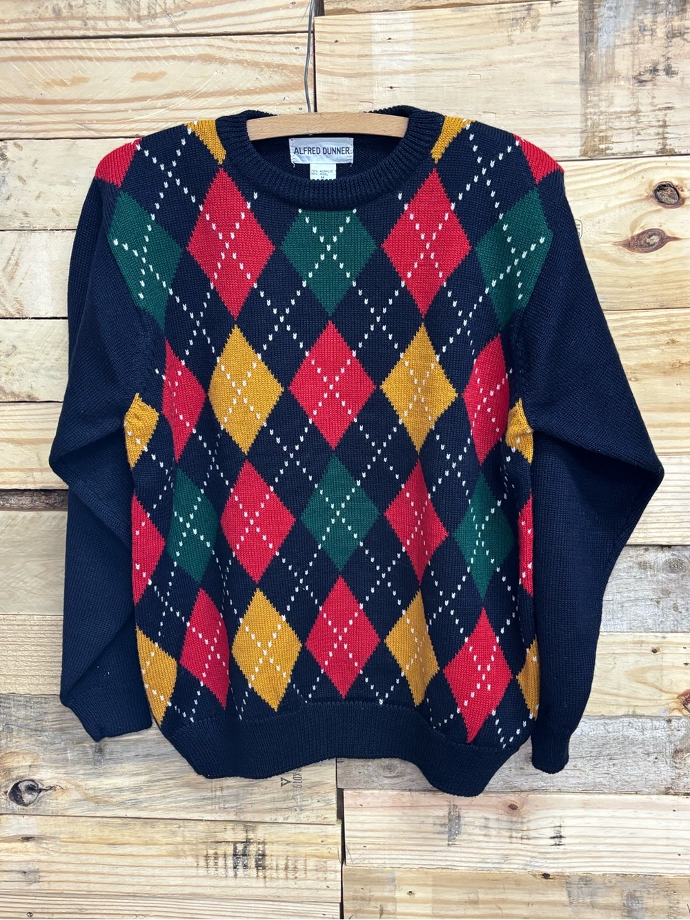 Alfred Dunner Navy Argyle Crewneck Sweater with Red, Green & Gold Diamonds